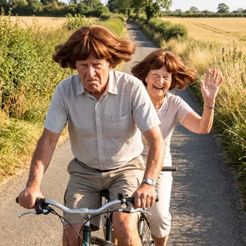 An older couple cycling down a country lane, both bobs flying