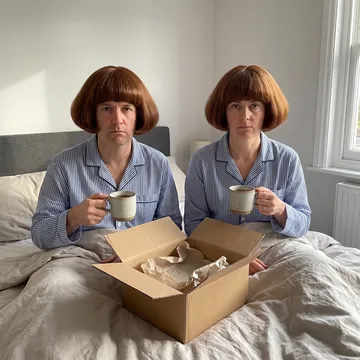 A couple in matching pyjamas and matching bobs, tea in bed